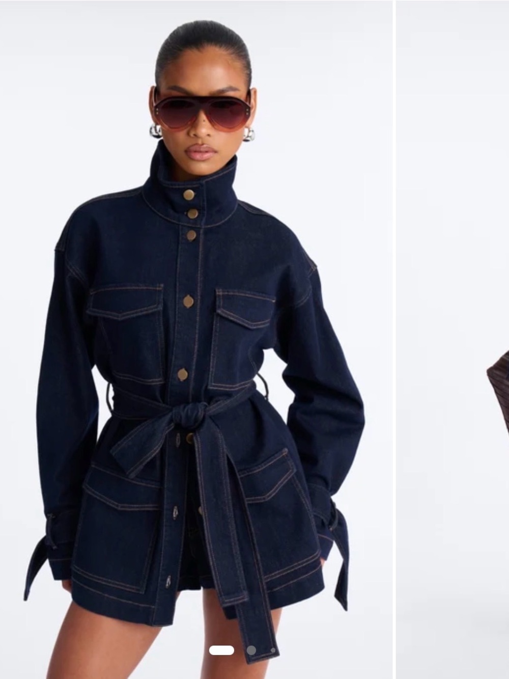 Dark Blue Belted Denim Jacket - Women's Coat & Matching Shorts